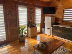 uma cozinha com um frigorífico e uma mesa num quarto em Holiday home with private sauna and jacuzzi em Stepnica