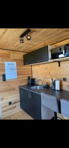 a kitchen with a sink and a wooden wall at La Tiny house in Ardres