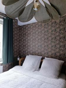um quarto com uma cama e uma ventoinha de tecto em Maison Salomé en hyper centre (intégralement rénovée et équipée) em Saint-Omer
