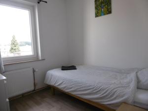 Schlafzimmer mit einem Bett und einem Fenster in der Unterkunft Buisseret in Seneffe