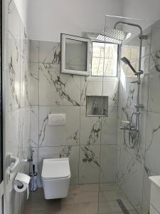 een badkamer met een douche, een toilet en een raam bij Davide's guesthouse in Vlorë