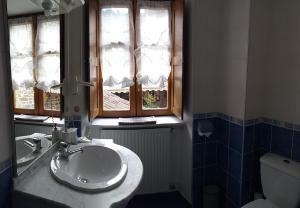 baño con lavabo y aseo y ventana en LA GRANGE TEMPLIERE 2018, en Peyreleau