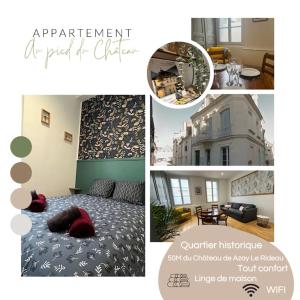 a collage of pictures of a room with a bed at Au pied du château in Azay-le-Rideau