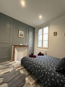 1 dormitorio con 1 cama y chimenea en Au pied du château, en Azay-le-Rideau
