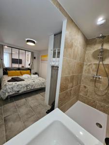 uma casa de banho com uma banheira, um chuveiro e uma cama em Love and Spa du Château em Château-Arnoux-Saint-Auban