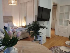 salon z łóżkiem i telewizorem z płaskim ekranem w obiekcie My Suites Madrid - Aeropuerto Ifema w Madrycie