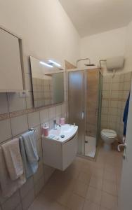 a bathroom with a sink and a shower and a toilet at La Perla nel Parco, un'oasi di pace nella natura in Sovicille