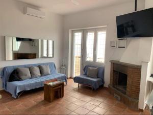 een woonkamer met een blauwe bank en een open haard bij Sole Vista Mare 999 in LʼAmericano