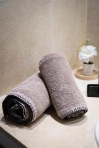 a towel sitting on a counter in a bathroom at Le Champ des Oliviers in Oppède
