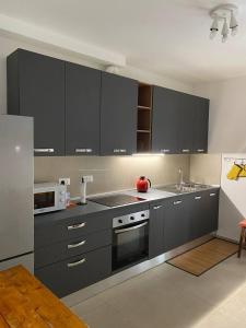 a kitchen with black cabinets and a sink and a microwave at MAISON ANZIO E ROSA in Ravenna