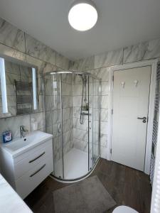 een badkamer met een douche en een wastafel bij Spacious one bedroom apartment with free parking in Enfield