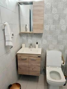 a bathroom with a toilet and a sink and a mirror at "Zeus House" Sevasti Symi Studios in Symi +19 photos