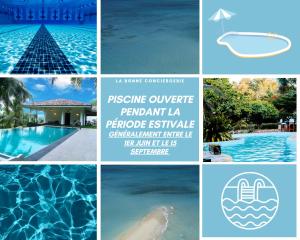 een collage van foto's van een zwembad en een resort bij Le Chéops * Piscine * Plage à 5 minutes * 3 chambres in La Grande-Motte