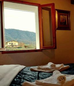 a bedroom with a window and towels on a bed at Casa Lina (Unesco zone) in Segusino