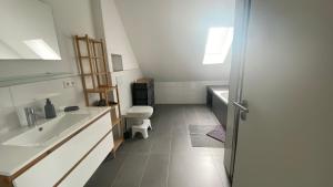 Ferien & Business Apartments Hohenfels في Hohenfels: حمام مع حوض ومرحاض