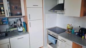 una pequeña cocina con armarios blancos y fregadero en Marina free parking en Budapest