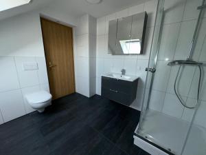 a bathroom with a toilet and a sink and a shower at Gästehaus Bockenem - Monteurzimmer in Bockenem
