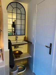 y baño con lavabo y espejo. en Maisonnette cosy bord de Seine 30min paris, en Carrières-sous-Poissy