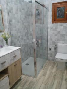 La salle de bains est pourvue d'une douche, de toilettes et d'un lavabo. dans l'établissement Casa los Cactus, à Playa Migjorn