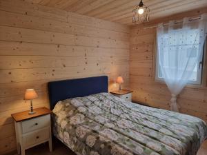 a bedroom with a bed and two night stands with lamps at Le nid de Claude et Nadine in Gérardmer