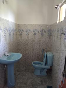 La salle de bains est pourvue de toilettes bleues et d'un lavabo. dans l'établissement Green Haven Guest Inn, à Badulla