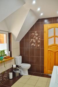 La salle de bains est pourvue de toilettes et d'un mur carrelé brun. dans l'établissement Agroturystyka w Świcie, à Tuchola