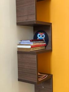 a book shelf with books and an owl on top at Mahagiri Nest in Mysore