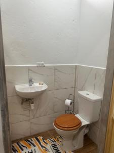 a bathroom with a toilet and a sink at Cozy Studio Tobago in Scarborough