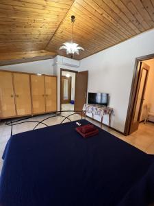 1 dormitorio con cama azul y techo de madera en Rooms Pineta, en Verona