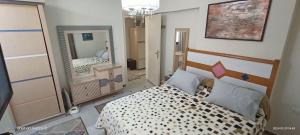 a bedroom with a bed and a mirror at Charming Seaview Condo in Gleem G10 in Alexandria