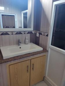 a bathroom with a white sink and a window at Résidence De Tourisme Villa Bougainville in Pereybere