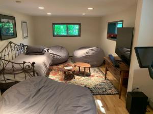 Cette chambre comprend 2 lits et une télévision. dans l'établissement Discover Spring Haven in a Cozy Cabin Catskills, à Palenville