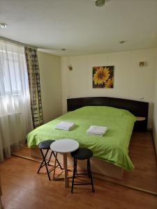 een slaapkamer met een groen bed met 2 stoelen en een tafel bij Casa Maria Busteni - Poiana Tapului in Buşteni