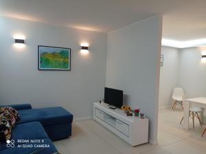 een woonkamer met een blauwe bank en een tv bij Sweet Home in Tolmezzo