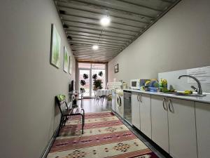 a kitchen with a sink and a dishwasher at Fox Fort Hostel in Almaty