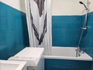 een blauwe badkamer met een toilet en een douche bij Appartement Art deco proche bords de Marne in Neuilly-sur-Marne