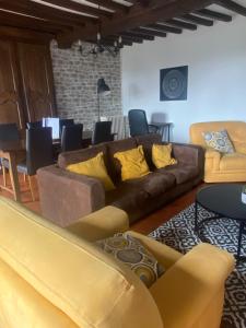 a living room with a brown couch and yellow pillows at Meublé 3 étoiles, proche Plages débarquement dans les Marais du Cotentin à Carentan in Carentan