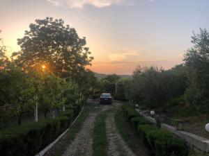 a car driving down a dirt road at sunset at Guest-house Grandfatherfarm1 in Durrës