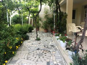 a garden with a stone pathway with flowers and plants at Guest-house Grandfatherfarm1 in Durrës