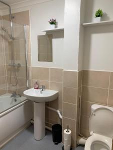 a bathroom with a sink and a toilet and a shower at 1 Bedroom Flat Apartment Bromley in Bromley