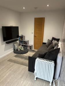 een woonkamer met een bank en een tv bij Cosy double bedroom with dedicated bathroom in Newcastle upon Tyne - Access to shared kitchen, shared lounge and shared conservatory areas inc Sky TV and Netflix in Newcastle upon Tyne