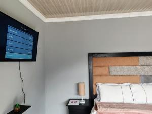 a bedroom with a bed and a tv on the wall at Sem's Guest Cottage in Edenvale