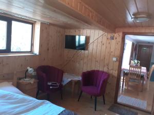 a bedroom with a bed and two chairs and a tv at Pensiunea Mery in Albac