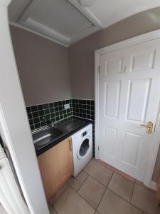 a kitchen with a sink and a washing machine at Eden Lodge in Bantry