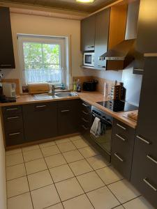 cocina con fregadero y fogones horno superior en Ferienwohnung DOMiziel für 1 bis 4 Personen im Grünen, en Hamm