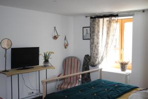 a bedroom with a bed and a television and a chair at LA FEE VIVIANE in Villerest