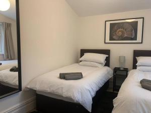 ブリストルにあるCentral 2 bed flat with off street-parkingのベッドルーム1室(ツインベッド2台、鏡付)