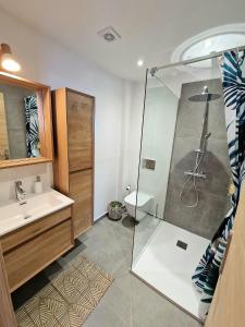 a bathroom with a shower and a sink at Villa Lomy Casares in Casares