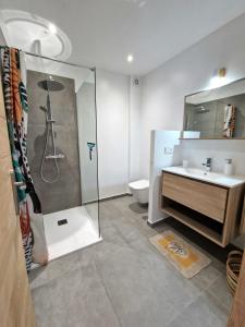 a bathroom with a shower and a sink and a toilet at Villa Lomy Casares in Casares