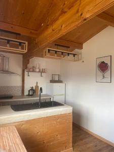 a kitchen with a sink and a white refrigerator at Chalet in Tasso +7 photos
